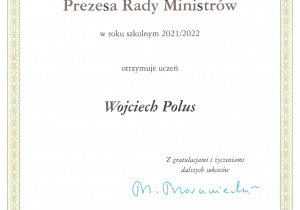 Dyplom stypendium Wojciecha Polusa